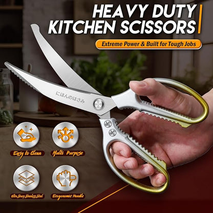 TIJERAS Kitchen Scissors Set Gold - Stainless Steel Kitchen Shears, Sharp Meat Scissors, Heavy Duty Poultry Shears, Japanese Cooking Scissor for Food, Chicken, and Turkey, Gifts for Women Men