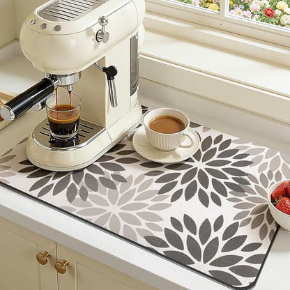 Findosom Floral Dish Drying Mat, 16" x 24" Super Absorbent & Hide Stain Coffee Mat, Cuttable Drying Mat for Kitchen Counter, Under Dish Rack, Coffee Maker, Espresso Machine, Dark Gray