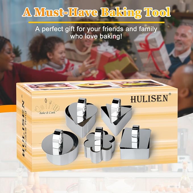 HULISEN Set of 5 Cake Ring Mold, Stainless Steel 3” Dessert Food Molds with Pushers, Food Cooking Rings for Tuna Tartare, Pancake, Rice