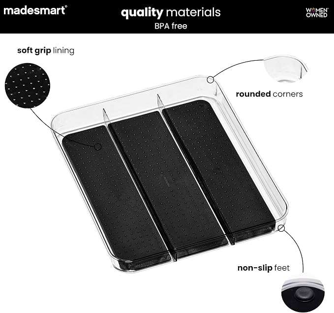 madesmart Premium 3 Compartment Clear Drawer Organizer, Multi-Purpose Storage with Soft Grip Lining & Non Slip Base, Carbon
