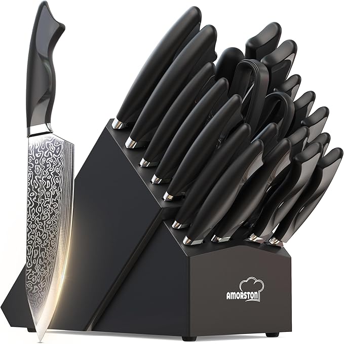 Amorston 22 Pieces Knife Set, Laser Engraved High Carbon Stainless Steel Knife Block Set, Full Tang Professional Kitchen Knife Set with Built-in Sharpener, Fathers Day Gift for Men