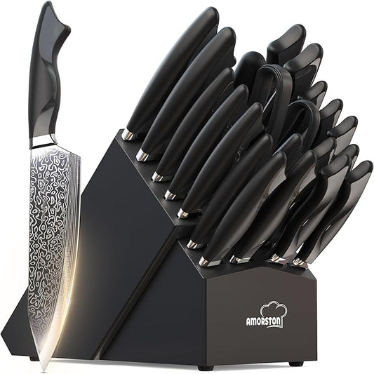 Amorston 22 Pieces Knife Set, Laser Engraved High Carbon Stainless Steel Knife Block Set, Full Tang Professional Kitchen Knife Set with Built-in Sharpener, Fathers Day Gift for Men