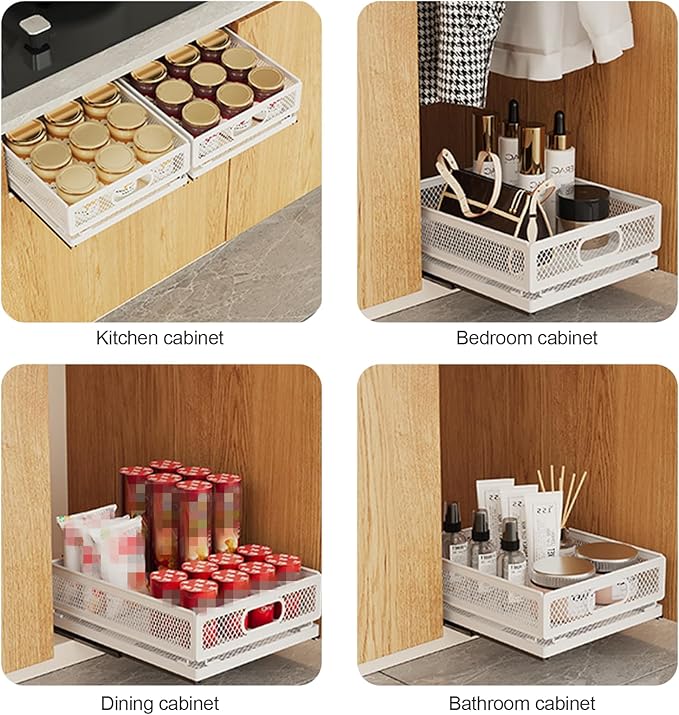 Pull Out Cabinet Organizer, Slide Out Drawers Fixed with Adhesive Nano Film, Pantry Shelves Sliding Drawer Storage Organization for Kitchen (Double Layer 11.8*9.4*14.45inch/30*24*36.7cm)