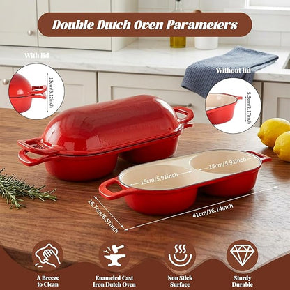 Double Dutch Oven for Sourdough Bread Baking - Enameled Cast Iron Bread Pan with Lid, 2-Slot Mini Loaf Design (16.5cm Each) for Homemade Artisan Bread, Easy to Clean, Ideal for Family Daily Baking