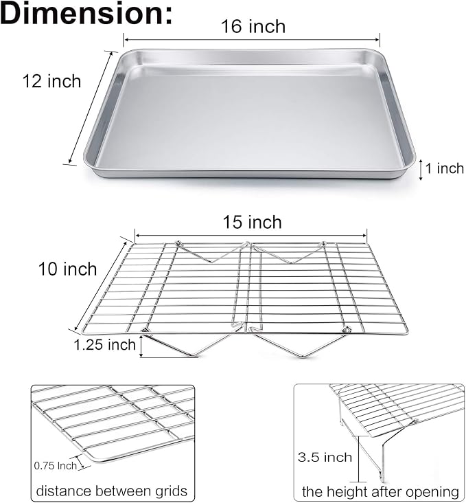 TeamFar Baking Sheet with Rack Set(1 Pan & 1 Tier Rack), Cookie Sheet Baking Pan & Cooling Baking Roasting Stackable Rack Stainless Steel for Cookie Bacon Meat, Oven & Dishwasher Safe, Healthy