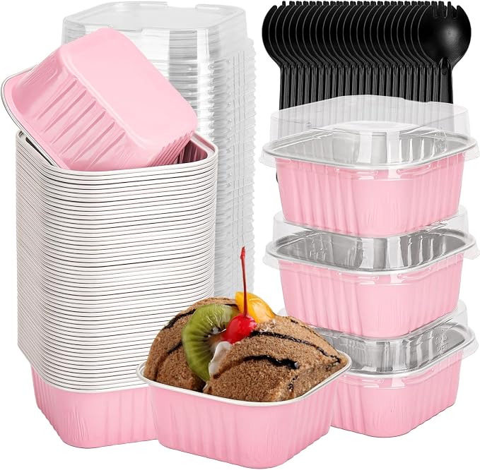 selizo 60 Pack 5oz Mini Disposable Cake Pans with Lids, Aluminum Foil Square Baking Cups, 3.5x3.5 Small Baking Cake Tins Cup Cake Containers with Lids for Individual Cakes