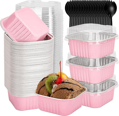 selizo 60 Pack 5oz Mini Disposable Cake Pans with Lids, Aluminum Foil Square Baking Cups, 3.5x3.5 Small Baking Cake Tins Cup Cake Containers with Lids for Individual Cakes