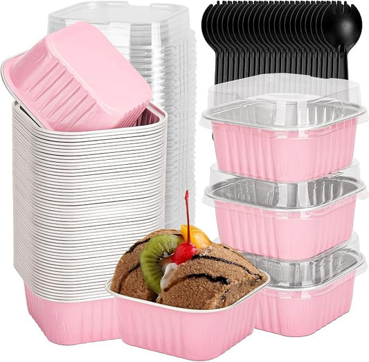 selizo 60 Pack 5oz Mini Disposable Cake Pans with Lids, Aluminum Foil Square Baking Cups, 3.5x3.5 Small Baking Cake Tins Cup Cake Containers with Lids for Individual Cakes