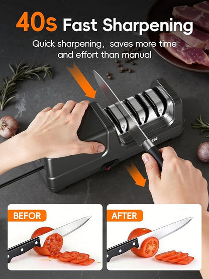Electric Knife Sharpener, 3-Stage Diamond Knife Sharpener for Kitchen Knives 20-Degree Angle, 40S Quick Sharpening & Polishing for Chef, Santoku, Ceramic Knives, Easy to Use for Beginners, Black