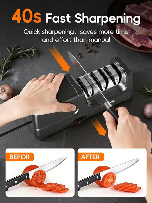 Electric Knife Sharpener, 3-Stage Diamond Knife Sharpener for Kitchen Knives 20-Degree Angle, 40S Quick Sharpening & Polishing for Chef, Santoku, Ceramic Knives, Easy to Use for Beginners, Black