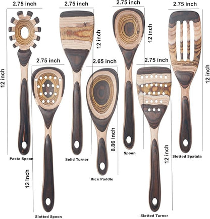 7 Pcs Wood Cooking Utensils Set, Wooden Kitchen Utensil Set for Cooking, Wooden Cooking Spoons & Spatulas with Spoon Rest, Safe for Non-Stick Cookware, Brown