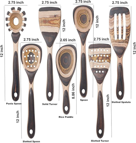 7 Pcs Wood Cooking Utensils Set, Wooden Kitchen Utensil Set for Cooking, Wooden Cooking Spoons & Spatulas with Spoon Rest, Safe for Non-Stick Cookware, Brown