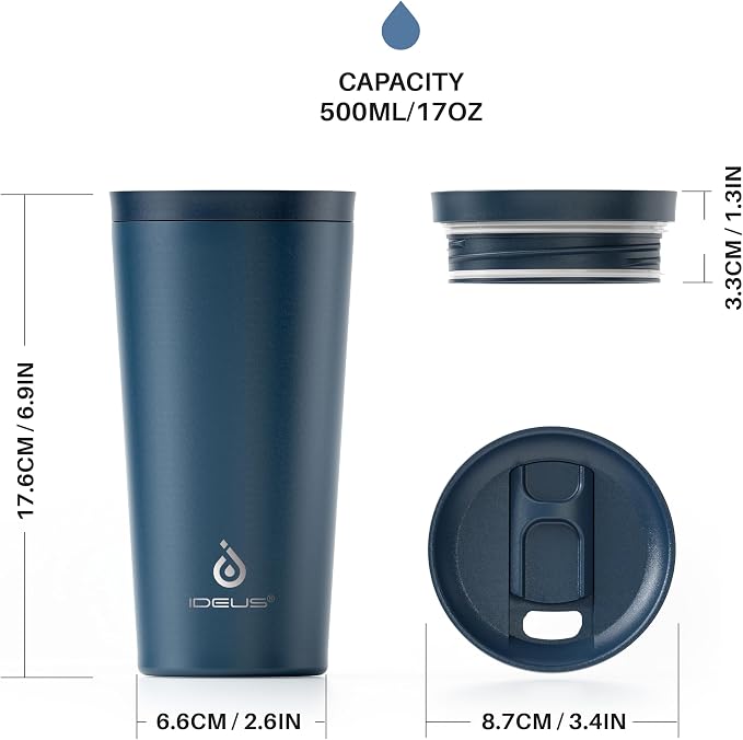 Ideus 17 oz Travel Coffee Mug, Double Wall Vacuum Stainless Steel Insulated Coffee Tumbler With Lid, Splash-Proof & Cup Holder Friendly, Keeps Drinks Hot/Cold, Dishwasher Safe, Navy