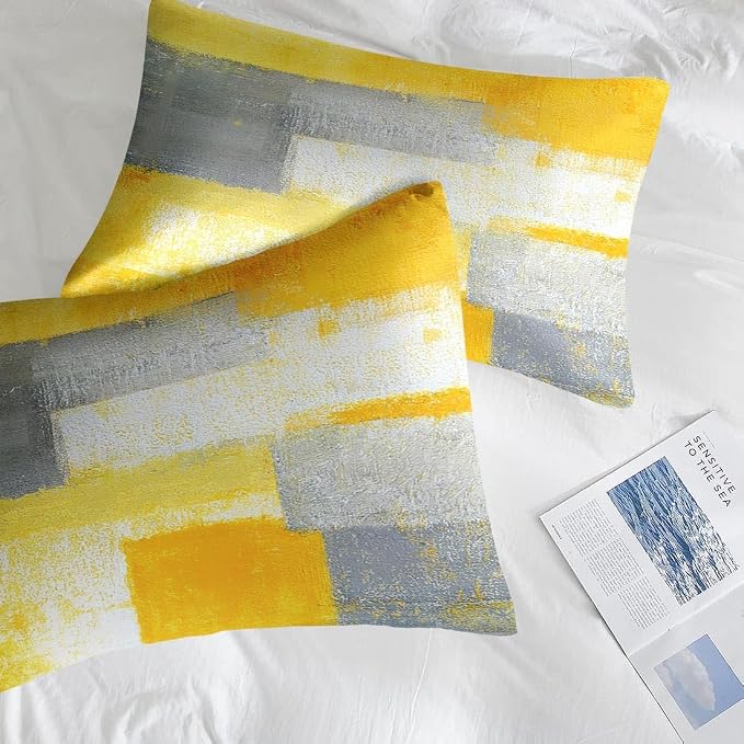 Pamnest Comforter Set Queen Size, Grey Yellow Painting Gray 7 Pcs Bedding for Kids and Adults, Office Contemporary Abstract Bed Sheet Sets with Fitted Sheet 2 Pillowcase & 2 Sham for Bedroom Bed Decor