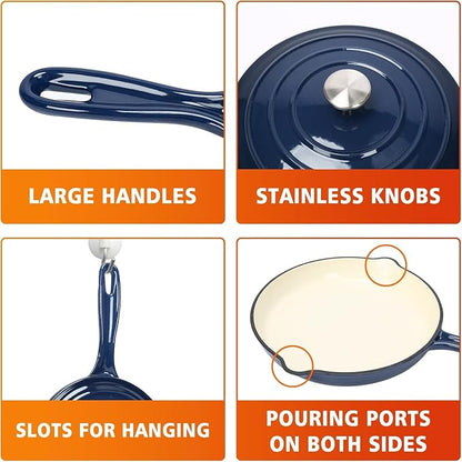 Hisencn Enameled Cast Iron Cookware Set - 7 Piece Dutch Ovens Set, Sauce Pan, Skillet, 3 Lids, Pots and Pans Set, Ceramic Coated Cast Iron, Heavy Duty, Gas/Induction Compatible, PFA Free