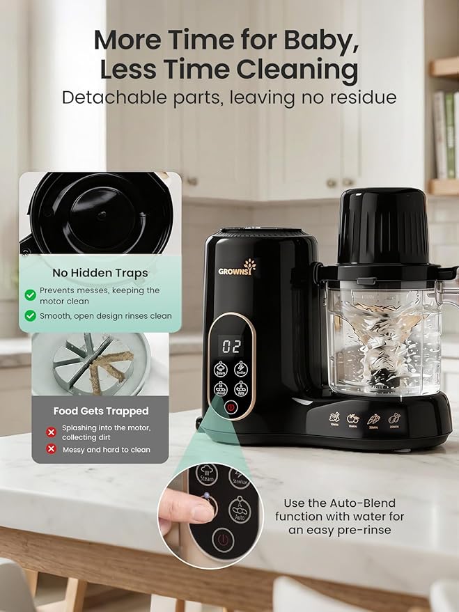 Grownsy Baby Food Maker with Dual-Layer Steam Basket | Baby Food Processor for Starting Solids & Babies 6+ Months | Steamer Blender & Puree Machine for Healthy Baby Food, BPA-Free,Black & Gold