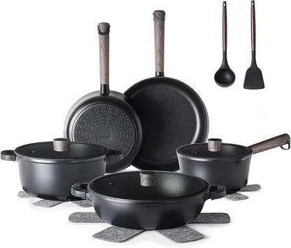 SENSARTE 15Pcs Nonstick Cookware Set Pots and Pans Set Kitchen Cooking Frying Pans with Stay-cool Handle, Dishwasher Safe, Induction Compatible, PFOA/PFOS Free, Black