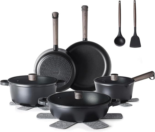 SENSARTE 15Pcs Nonstick Cookware Set Pots and Pans Set Kitchen Cooking Frying Pans with Stay-cool Handle, Dishwasher Safe, Induction Compatible, PFOA/PFOS Free, Black