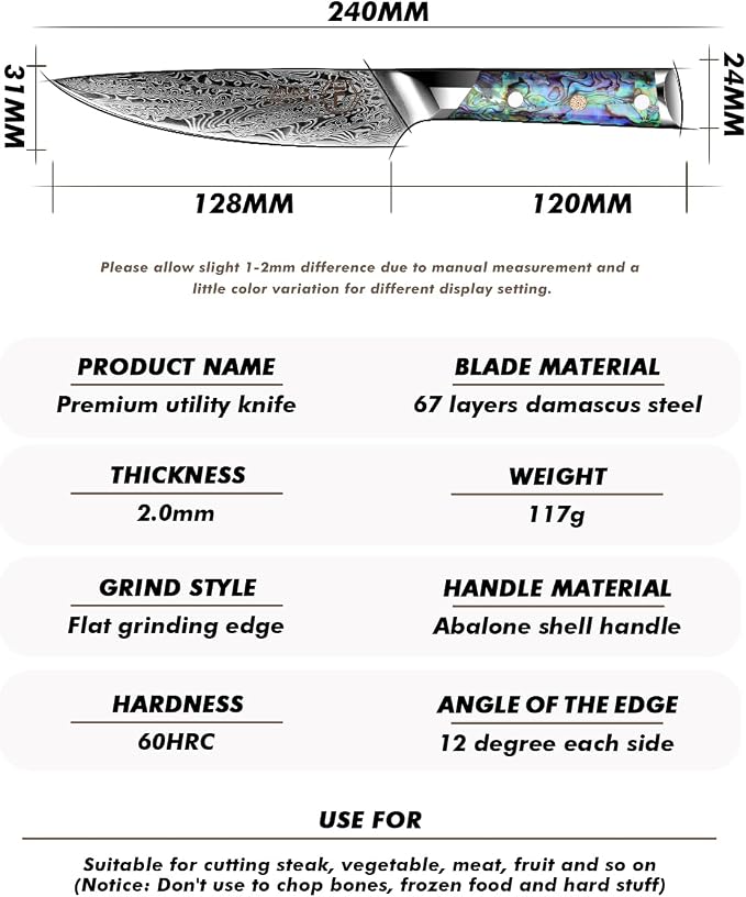 Fanteck Damascus 5 inch Chef Knife Utility Knife,Japanese VG10 Steel Kitchen Petty Knife,Professional Paring Knives High Carbon Super Sharp, 67-Layer with Full Tang Abalone Shell Handle & Wooden Cover