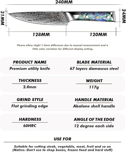 Fanteck Damascus 5 inch Chef Knife Utility Knife,Japanese VG10 Steel Kitchen Petty Knife,Professional Paring Knives High Carbon Super Sharp, 67-Layer with Full Tang Abalone Shell Handle & Wooden Cover