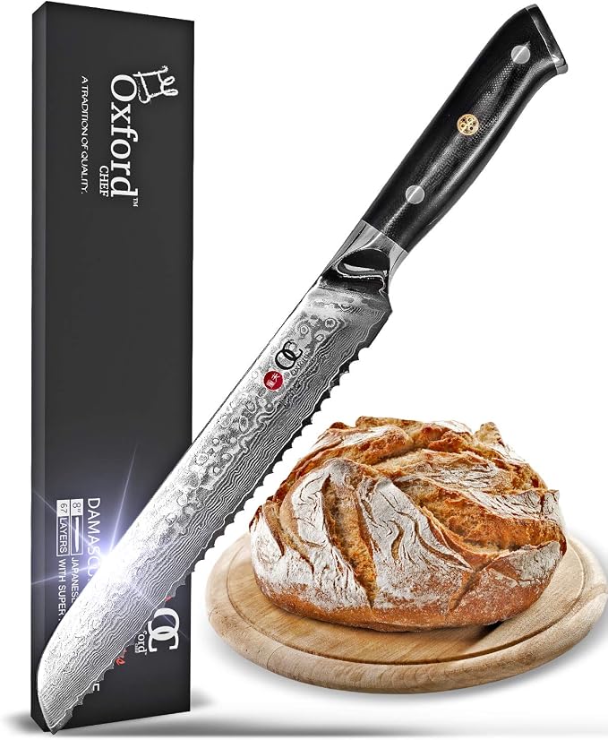 Oxford CHEF Bread Knife 8 inch Serrated Damascus- Japanese- VG10 Super Steel 67 Layer High Carbon Stainless Steel-Razor Sharp, Stain & Corrosion Resistant, & Awesome Edge Retention
