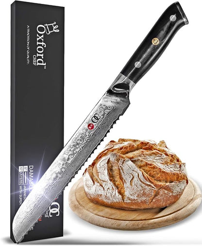 Oxford CHEF Bread Knife 8 inch Serrated Damascus- Japanese- VG10 Super Steel 67 Layer High Carbon Stainless Steel-Razor Sharp, Stain & Corrosion Resistant, & Awesome Edge Retention