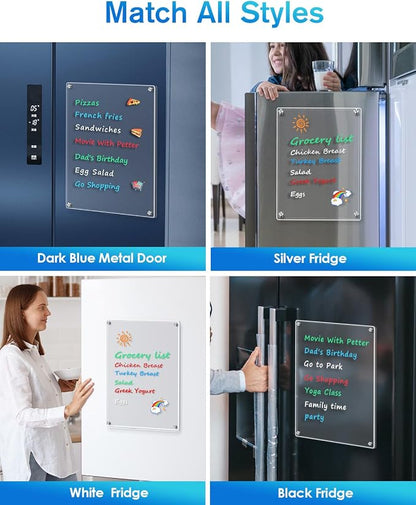 MaxGear 11"x14" Acrylic Magnetic Whiteboard for Fridge, Small Clear Refrigerator Dry Erase Board with 4 Markers and 1 Cloth, Smooth Writing and Easy Cleaning Blank Memo Grocery List for Home Planner