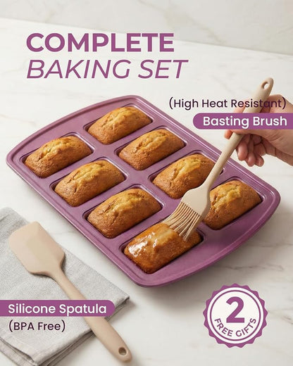 CARTMAN 2-Pack 8-Cavity Mini Loaf Pans Set with Spatula & Brush – 15.5” x 10” Nonstick Carbon Steel Small Bread Pan for Banana Bread, Meatloaf & Keto Snacks Plum Purple