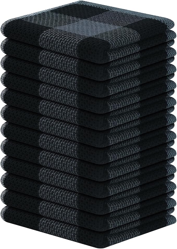 Homaxy 100% Cotton Waffle Weave Check Plaid Dish Cloths, 12 x 12 Inches, Super Soft and Absorbent Dish Towels Quick Drying Dish Rags, 12-Pack, Black & Grey