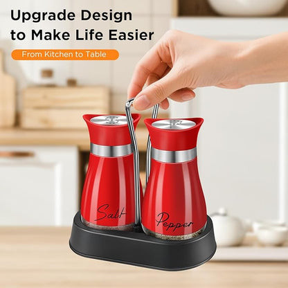 Salt and Pepper Shakers, Farmhouse Salt and Pepper Shakers Set with Holder, electroplated Handle, 4 oz Stainless Steel Glass Bottle Dispenser, for Table, RV, Camp, BBQ (Red)