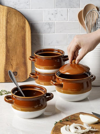 LE TAUCI French Onion Soup Bowls with Lid, 22 Oz French Onion Soup Crocks Oven Safe Ceramic Soup Bowls with Handles for Soup, Chili, Beef Stew, Cereal, Pot Pies, Set of 4