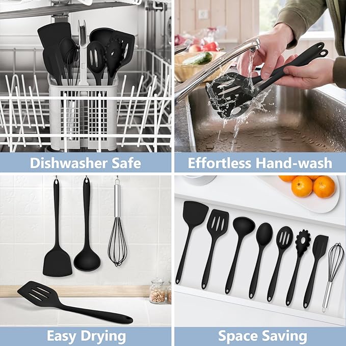 TeamFar Silicone Cooking Utensils Set, 8 PCS Kitchen Utensils Set, 446°F Heat Resistant, Turner, Spatula, Spoon, Whisk, Kitchen Cooking Gadgets Tools for Nonstick Cookware, Dishwasher Safe-Black