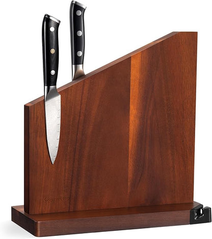 Gourmetop Magnetic Knife Holder with Built-in Sharpener, 100% Acacia Wood Magnetic Knife Block without Knives, Strong Double-Sided Magnetic Knife Holder for Kitchen Countertop Organization, Dark Wood