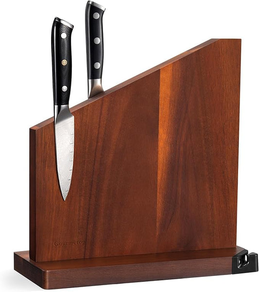 Gourmetop Magnetic Knife Holder with Built-in Sharpener, 100% Acacia Wood Magnetic Knife Block without Knives, Strong Double-Sided Magnetic Knife Holder for Kitchen Countertop Organization, Dark Wood
