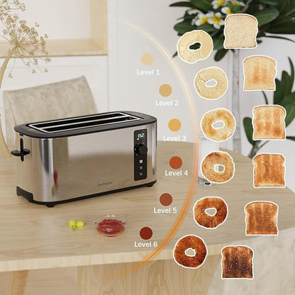 Anfilank Toaster 4 Slice with Countdown Timer, Extra Wide Slots for Bagels and Waffles, 6 Browning Settings, Removable Crumb Tray, Stainless Steel