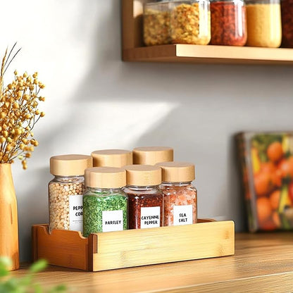 ComSaf 4 oz 6Pcs Glass Spice Jars with Label, Empty Spice Containers with Bamboo Lids, Square Seasoning Containers Trial and Supplement Set, Small Seasoning Bottles for Salt, Herbs, Sugar, Pepper