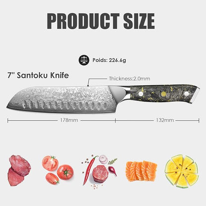 KEENZO Santoku knife 7 inch, Sharp Chef Knife, Professional kitchen knives,Japanese Hand Forged 67 Layers Hammered Damascus Steel Cooking Knife,Gold Foil Resin Handle with gift box