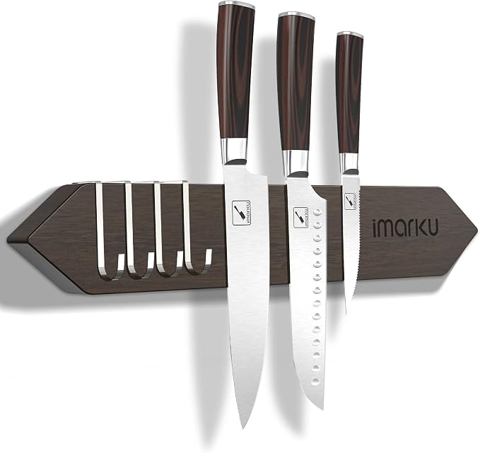 imarku 16" Magnetic Knife Strip, Heavy Duty Wall Mounted Knife Holder, Secure Magnetic Grip for Easy Organization, Kitchen Utensil Rack with 4 Hooks, dark