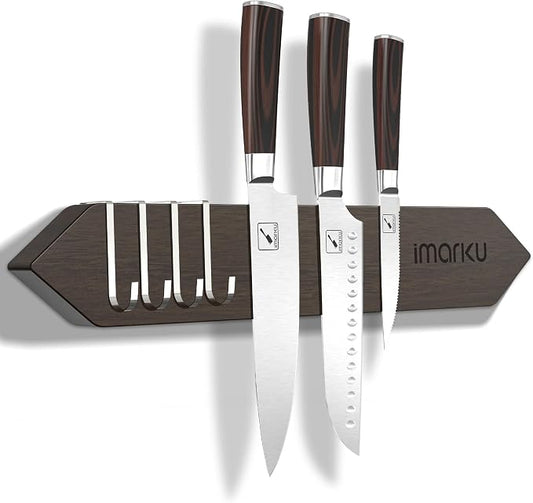 imarku 16" Magnetic Knife Strip, Heavy Duty Wall Mounted Knife Holder, Secure Magnetic Grip for Easy Organization, Kitchen Utensil Rack with 4 Hooks, dark
