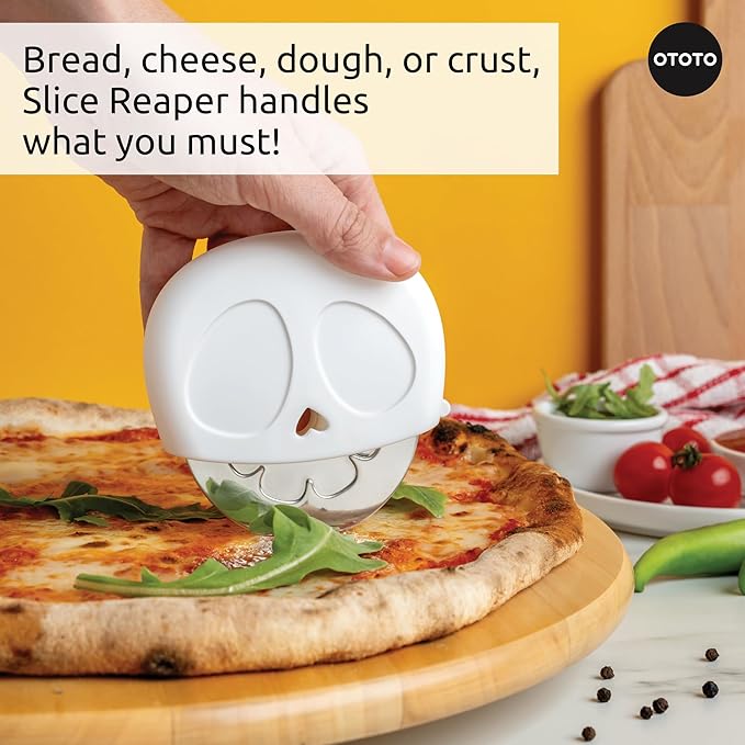 NEW - OTOTO Slice Reaper Pizza Cutter Wheel - Funny Gifts, Grim Reaper Halloween Gifts Cute Kitchen Accessories, Pizza Slicer with Cover, Kitchen Gothic Spooky Gifts, Stainless Steel Handheld (Skull)