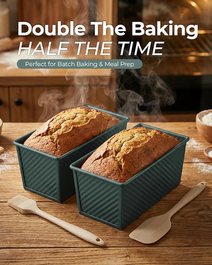 CARTMAN Bread Loaf Pan 2 Pack, 8x4 Pullman Loaf Pan with lid and a Silicone Spatula and Basting Pastry Brush, 1 lb Dough Capacity,Non-Stick Carbon Steel bread pans for homemade bread Sage Green