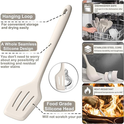 Silicone Kitchen cooking Utensils Set, AIKKIL 43 Pcs Heat Resistant Khaki Cooking Utensils Set, Turner, Tongs, Spoon, Spatula, Kitchen Gadgets Tools Set For Nonstick Cookware(Dishwasher, BPA Free)