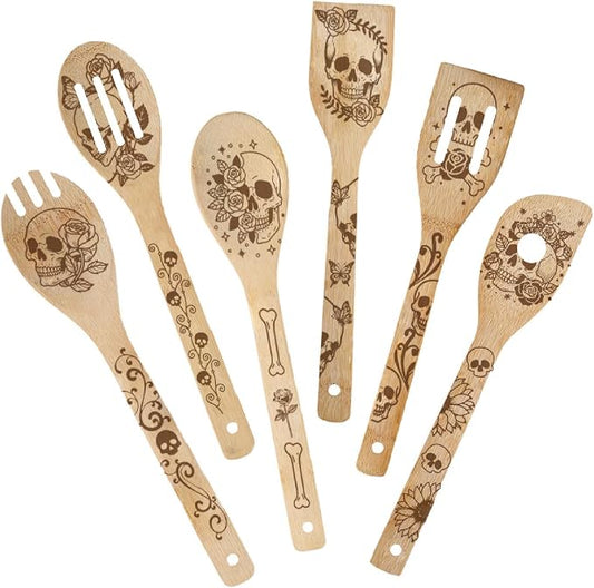 6Pcs 6 Styles Skull Cooking Utensils Bamboo Kitchen Spoons 2.4 x 11.8 Inch Durable Wooden Spoon Set for Men Women Friends Halloween Housewarming Birthday Gift Wedding Apartment Essentials