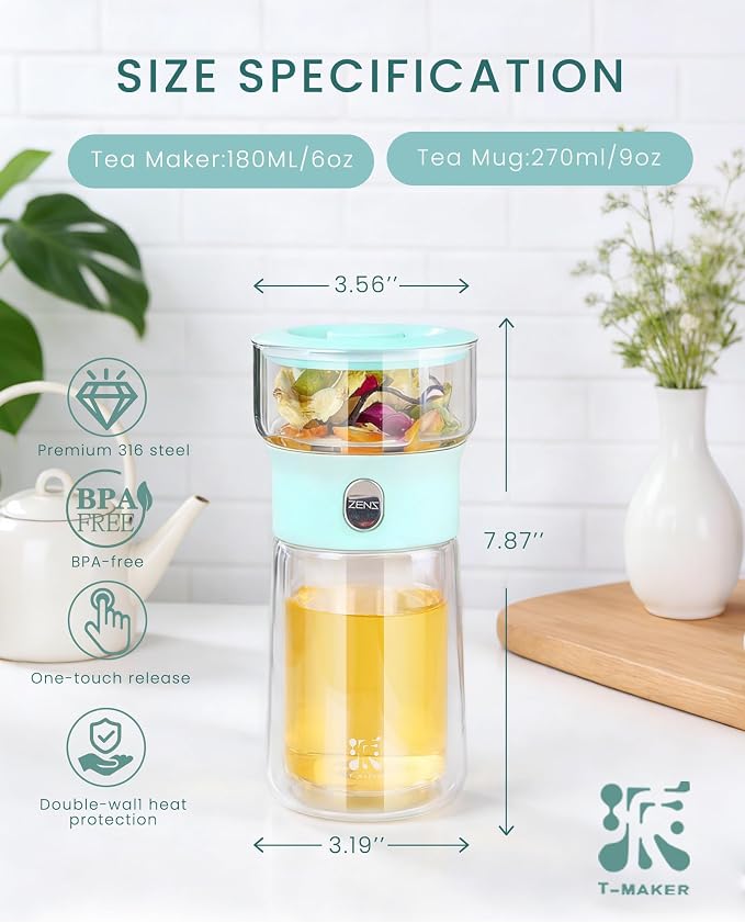 ZENS Modern Glass Tea Infuser Teapot, Smart One Touch Tea Maker for Loose Tea Diffusers with Insulated Mug and Cute Portable Tea Kits for Tea Lover Gifts