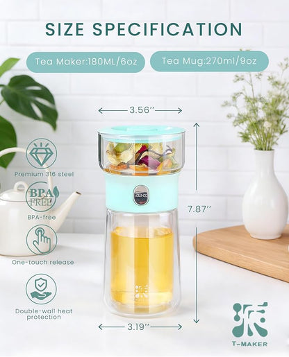 ZENS Modern Glass Tea Infuser Teapot, Smart One Touch Tea Maker for Loose Tea Diffusers with Insulated Mug and Cute Portable Tea Kits for Tea Lover Gifts