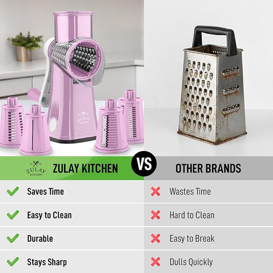 Zulay Kitchen Rotary Cheese Grater 5 Blade Cheese Shredder - Manual Hand Crank Cheese Grater With Reinforced Suction & 5 Interchangeable Drums - Easy to Use, Vegetable Chopper Round Mandoline Slicer