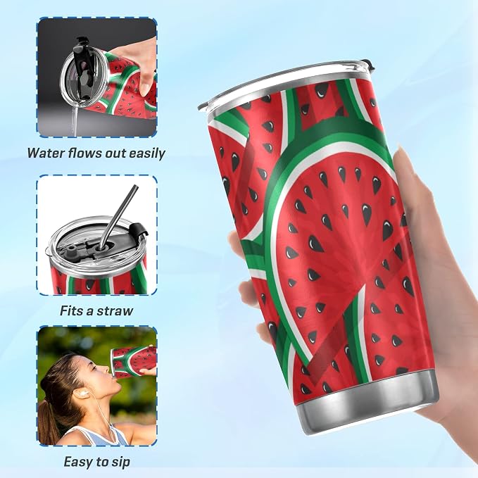 Tumbler Green Red Watermelon Insulated Office Coffee Cup Back to School Beverage Container Travel Mug with Straw and Lid Double Wall Stainless Steel 20oz