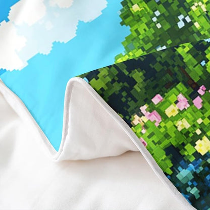Castle 100% Natural Cotton Duvet Cover Set (No Comforter) King Vintage Fairy Tale Theme Comforter Cover 3 PCS Pixelated Construction Video Games Bedding Set for Bedroom Birthday Gifts