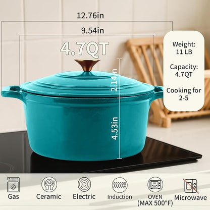 Enameled Cast Iron Dutch Oven with Lid&Silicone Grip, Round Casserole Pot for Bread Baking, Braising, Roasting,Stews,Heavy-Duty Baking Pan,Oven Safe, Induction Compatible (4.7QT,Lagoon)