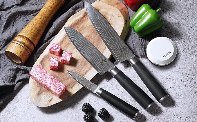 SAMCOOK Damascus Knife Set 4PCS,Ultra Sharp Professional Chef Knives Santoku Knife Paring Knife VG10 High Carbon Stainless Steel with Black Pakkawood Handle,Sharpening Stone,Premium Gift Box